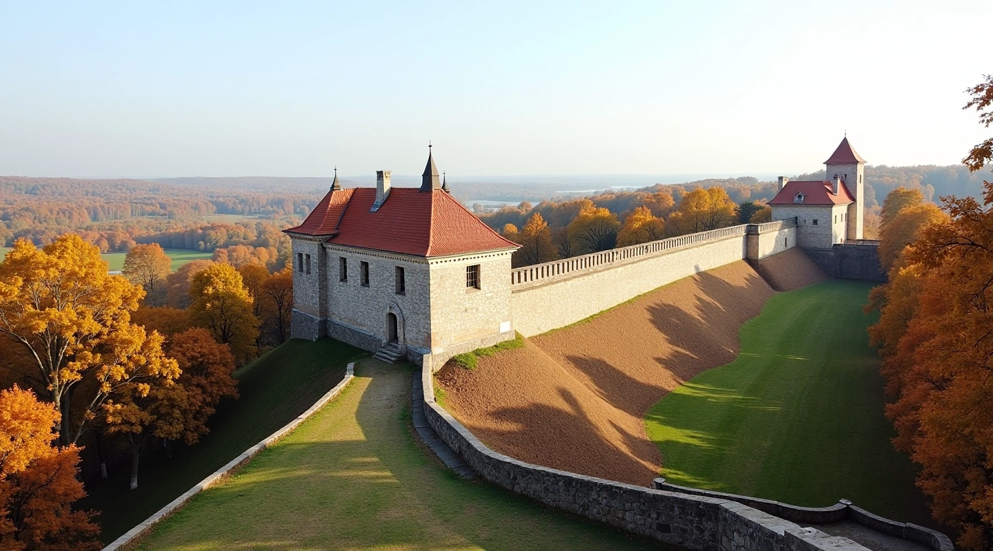 Vēsturiskā fortifikācija ar bāļķiem un dūņainiem vaļņiem, ziemeļu perspektīva, skaidrs rudens dienas apgaismojums