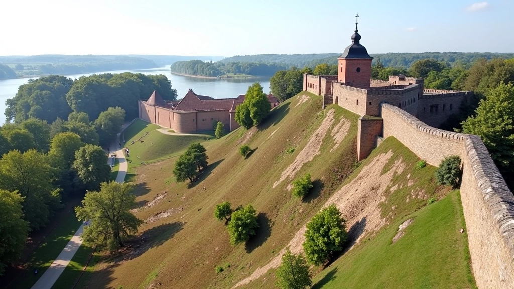 Vēsturiskā cietokšņa vaļņa krūmalājas un akmeņu sienas, Daugavas upe fona, skaidrs dienas apgaismojums, detalizēts skats uz fortifikācijas