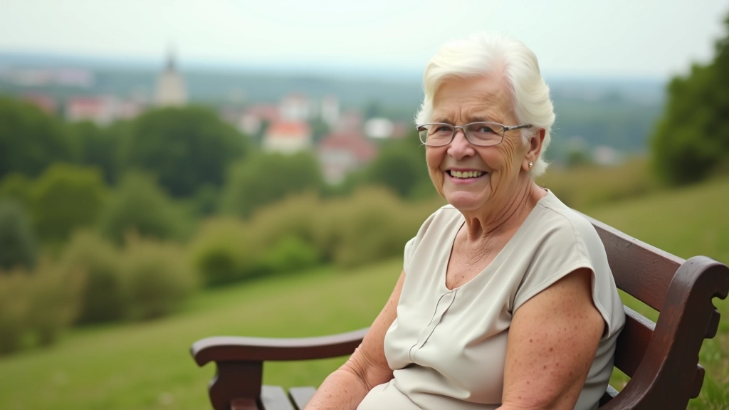Pensionāre sieviete sēž uz soliņa cietokšņa vaļņos, smaidīga, vasaras diena, skaista panorāma aizmugurē