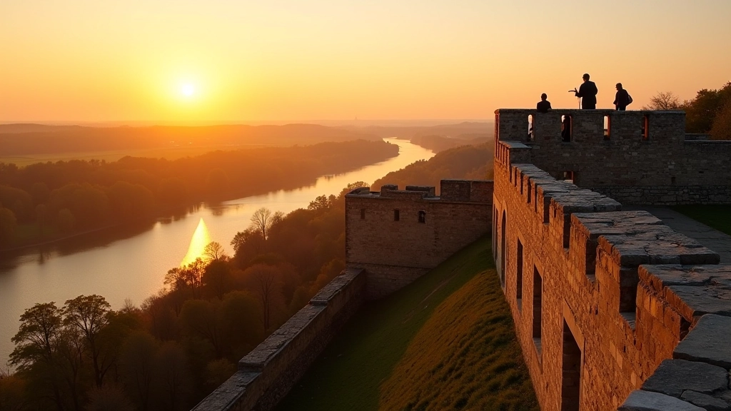 Skaista panorāma cietokšņa vaļņiem un Daugavai, saulrietā, siltas krāsas, mierīga atmosfēra